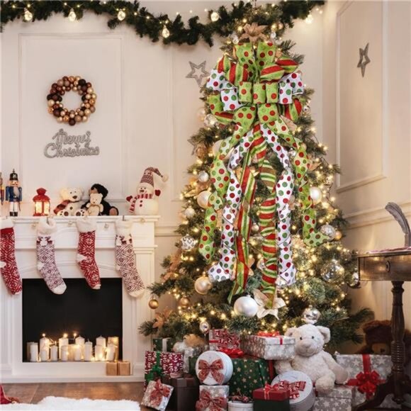 Christmas Tree Topper Wreath Bow Large Green Christmas Bow Tree Topper,Red Green - Picture 6 of 7